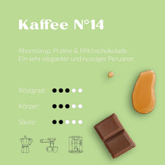 Espresso | Cafea Nr. 14 Decofeinizată Organică din Peru (250g) de la ACHT58 - Arabica Pură de Origine Unică din Peru - Proces Elvețian de Apă - Sirop de Arțar, Praline și Ciocolată cu Lapte