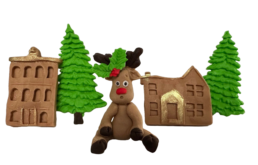 Set 5 decoratiuni comestibile din zahar, Orasul lui Mos Craciun Decoratiuni din Pasta de Zahar Nati Shop