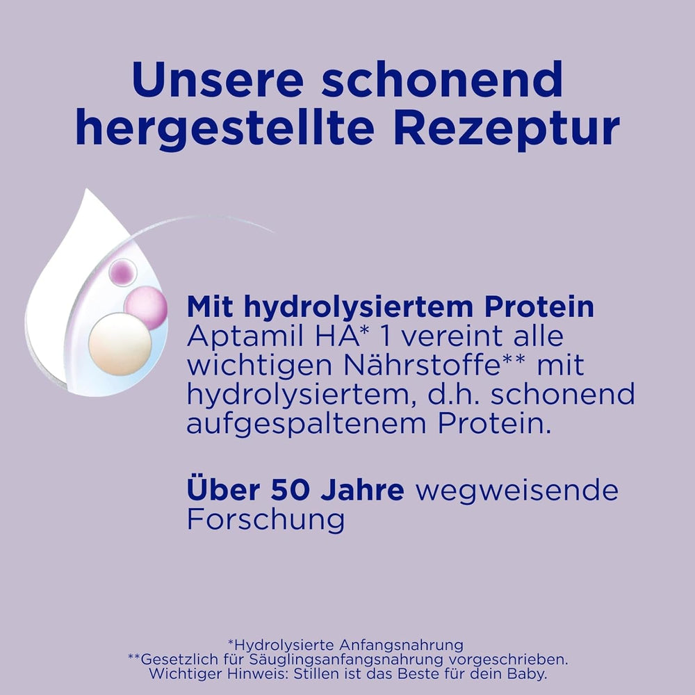 Aptamil HA 1 – Formulă de lapte praf pentru sugari de la naștere, cu DHA, fără lactoză, fără ulei de palmier, hrană pentru bebeluși, lapte praf, 1 x 800 g