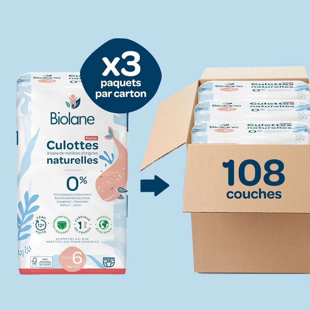 BIOLANE – Windelhöschen – Größe 6 (16 + kg) – 12 Stunden lang kein Auslaufen – 1 Monatspackung – 108 Windeln – Ecologic Mutter und Kind Naty Shop
