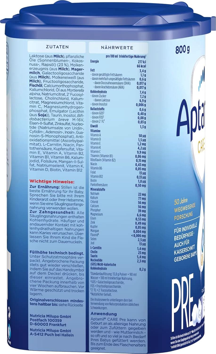 Aptamil Care PRE - Anfangsmilch von Geburt an, mit DHA, nur Laktose, ohne Palmöl, Babynahrung, Milchpulver, 1x 800 g Mutter und Kind Naty Shop