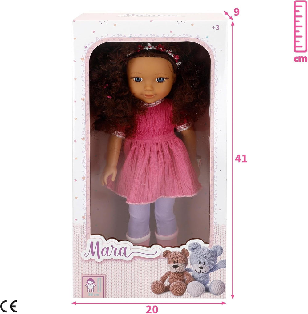 Mara 39361 Kinderpuppe, beweglich, 36 cm, lockiges braunes Haar, lässiger Stil, inklusive Kleidung, realistische Puppen, Spielzeug für Kinder ab 3 Jahren, Kinder