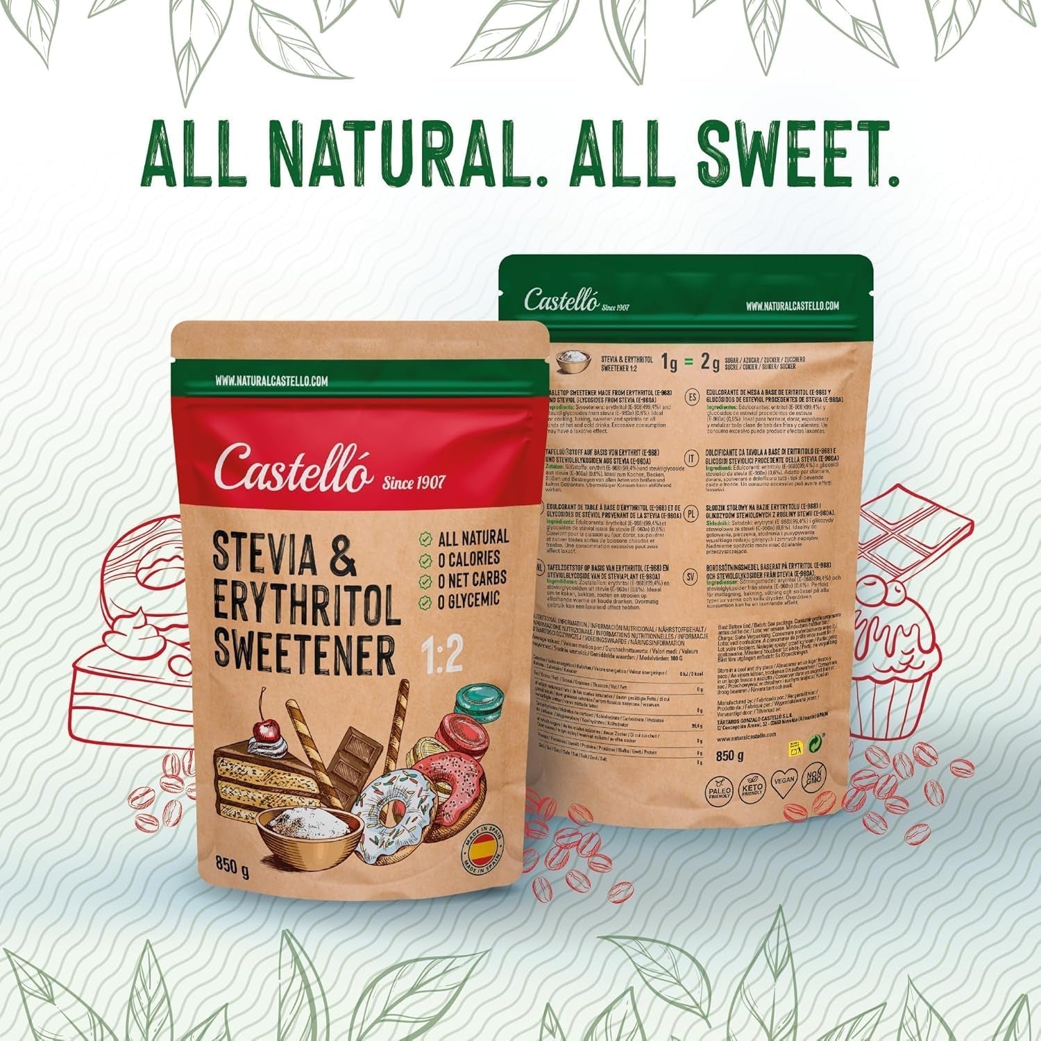 Stevia + Erythritol 1:2 Süßstoff | 1G = 2G Zucker | 100% Natürlicher Zuckerersatz - 0 Kalorien - 0 Glykämischer Index - Keto Und Paleo - 0 Netto-Kohlenhydrate - Kein GVO - Castello seit 1907 - 850 G Süßstoffe Naty Shop