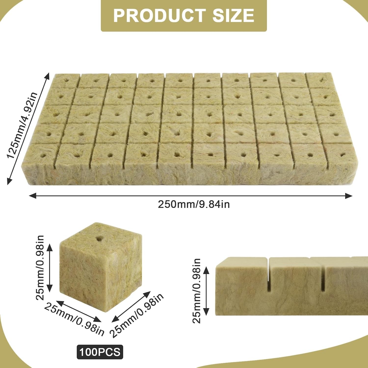 100 cuburi din vată de rocă pentru înmulțire, 25x25x25 mm, cu mănuși, izolație din vată de rocă, cuburi de înmulțire Easy Plug, cuburi din vată de rocă pentru hidroponie, butași, înmulțire fără sol