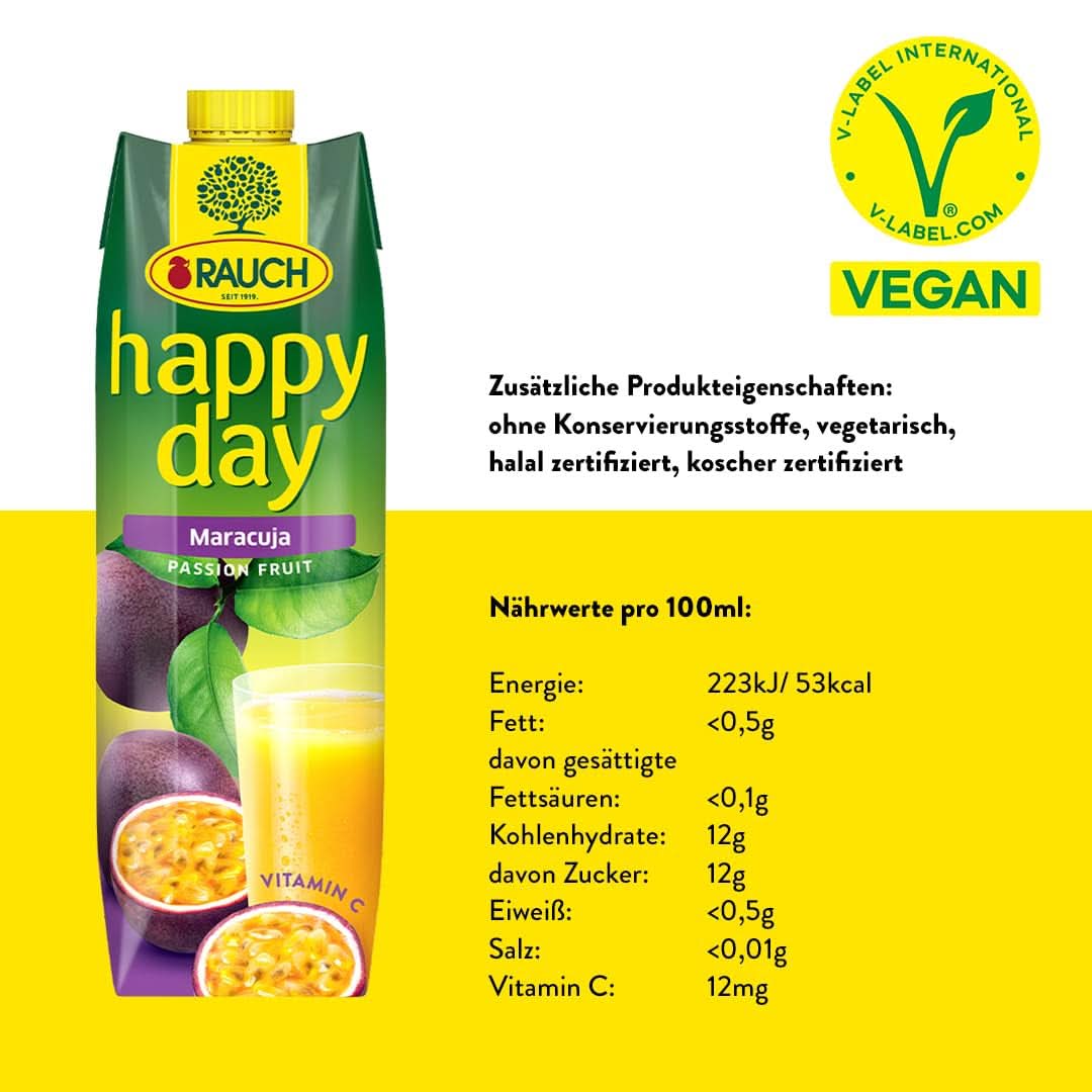 Rauch Happy Day Maracuja | Mit viel Vitamin C | Exotische Magie und intensives Aroma | 6X 1 Liter, Tetra Prisma Alkoholfreie Getränke Naty Shop