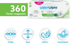 Șervețele umede WaterWipes Sensitive+ Hydrating Boost, șervețele hidratante, 360 bucăți (6 pachete), 3 în 1 curăță, îngrijește, hidratează, 99% apă cu aloe vera, șervețele umede fără parfum pentru bebeluși