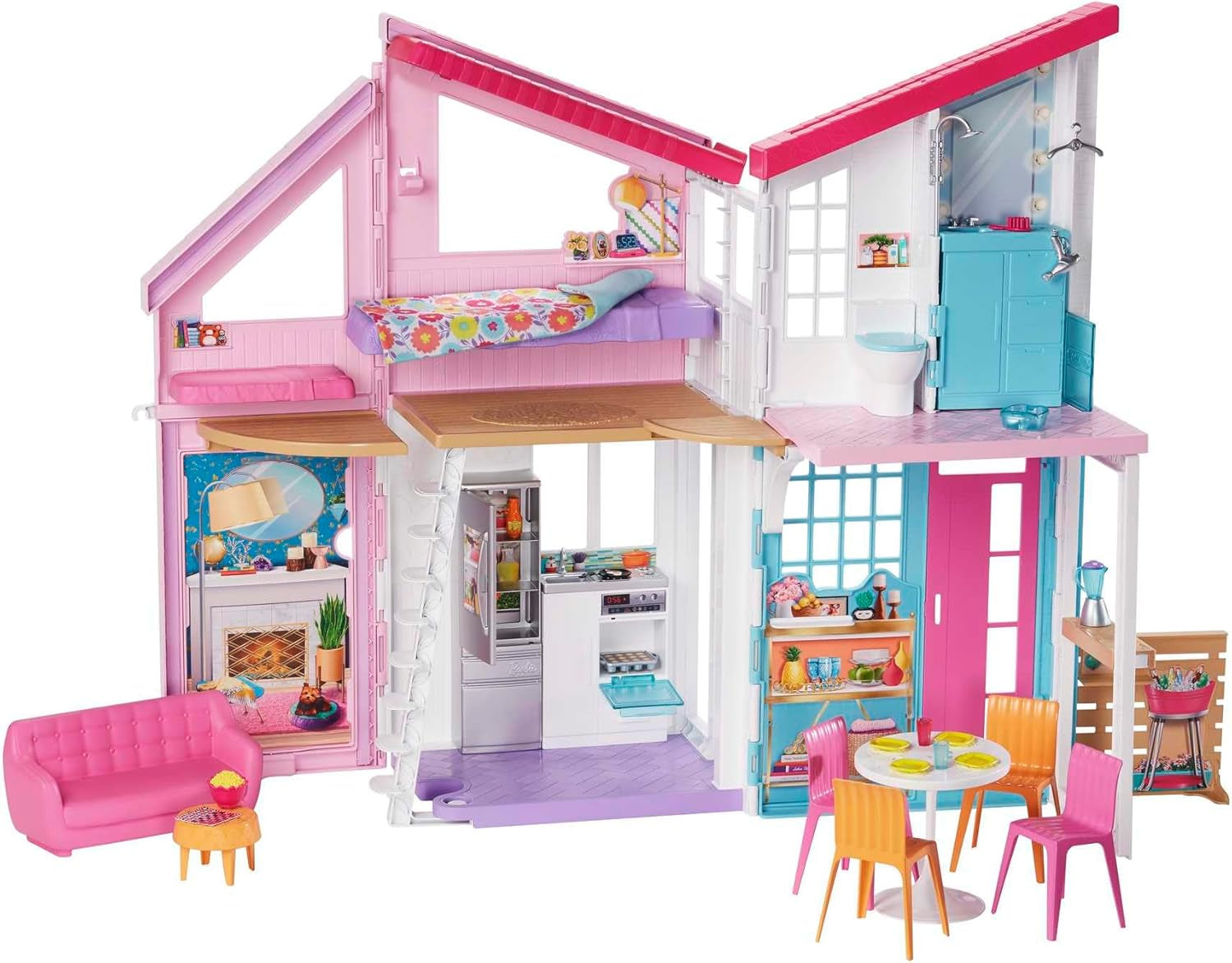 Barbie-Puppenhaus (70,6 x 51,4 cm) mit 4 Spielbereichen, Zubehör und Möbel komplett möbliert, 360° drehbar, faltbar, Puppe, Geschenk für Kinder ab 3 Jahren, HHY40 Naty Shop Barbie-Puppenhäuser – Malibu House