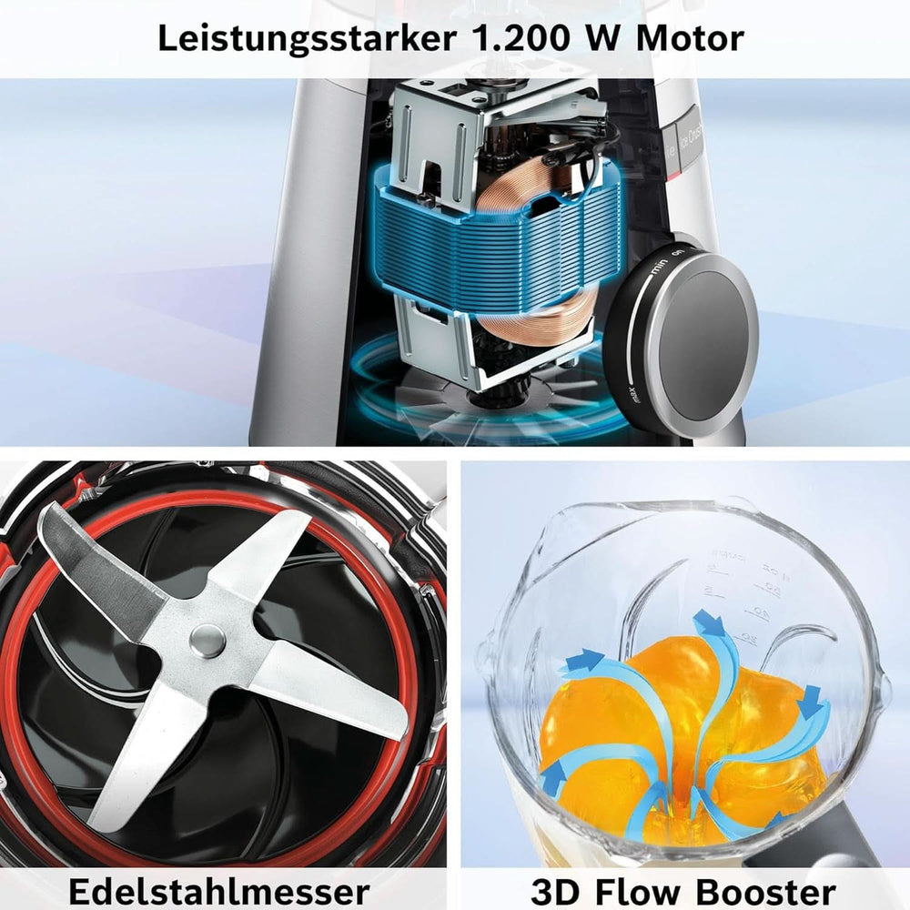 Bosch Standmixer Vitapower Serie 4 MMB6172S, Edelstahl-Klingen, 1.5L Thermosafe Glasbehälter, Stopfer, Spülmaschinengeeignete Teile, 30.000 U/Min, 1200 W, Silber Mutter und Kind Naty Shop