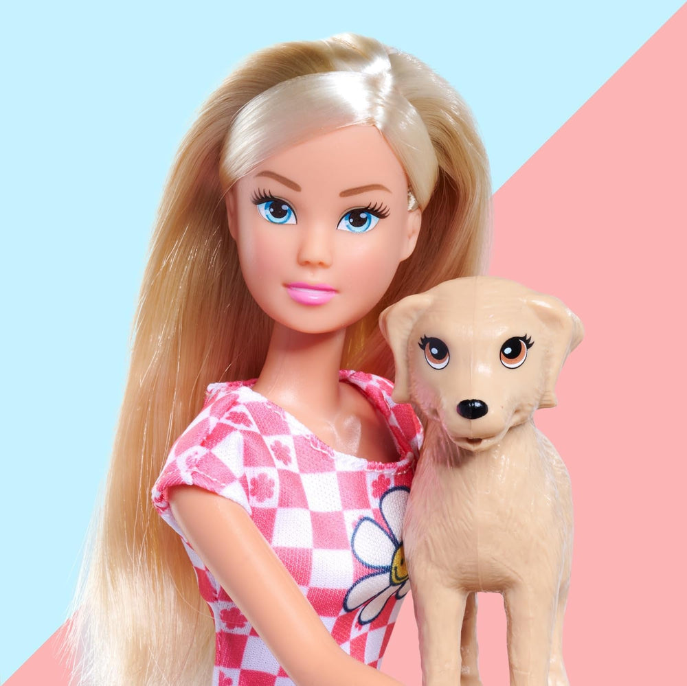 Simba Steffi Love Dog Fun – Modepuppe mit Hund & Leine, 29 cm, Hundespaziergang im Rollenspiel für Kinder ab 3 Jahren