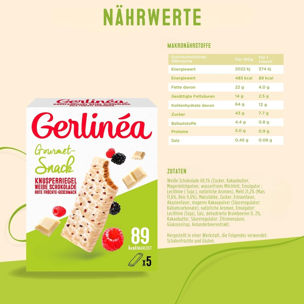 Gerlinéa - Snack Crousti Ciocolată Albă Fructe Roșii - Napolitană Crocantă pentru o Gustare Delicioasă - Sursă de Fibre - 5 Batoane Crousti - 90G