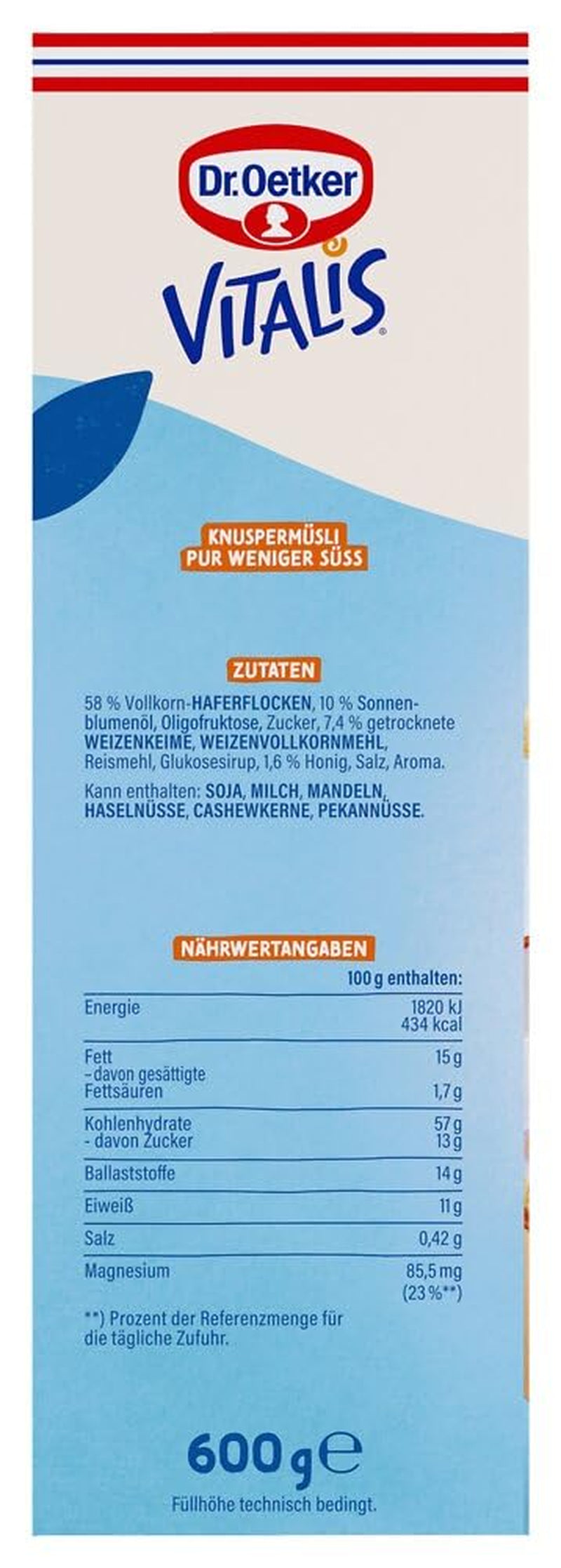 Dr. Oetker Vitalis Less Sweet Crunchy Pure: Musli crocant cu 30% mai puțin zahăr, pachet de 5 (5 x 600g)