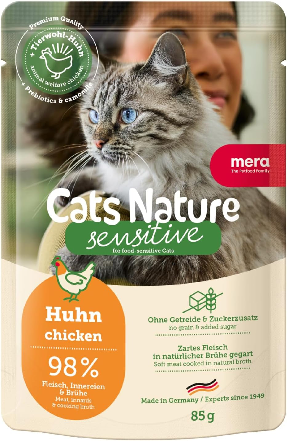 Hrană umedă pentru pisici MERA Cats Nature Sensitive cu pui 12x85g | Mono-proteină, fără zahăr și fără cereale | Conținut ridicat de carne și hrană umedă ușor digerabilă pentru pisici