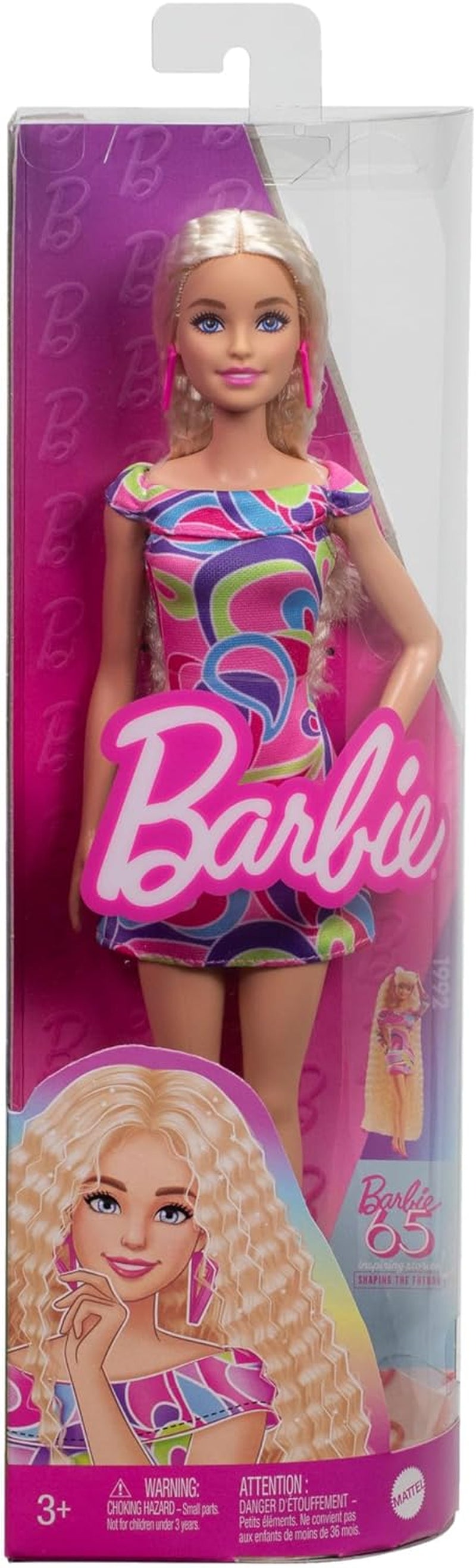 Păpușa Barbie Fashionistas #223 cu păr blond ondulat, rochie și accesorii inspirate de Totally Hair, păpușă la modă de colecție aniversară de 65 de ani, HRH20