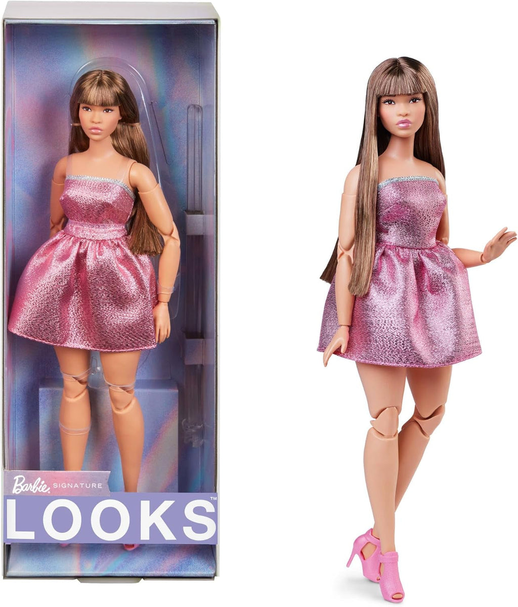 Barbie Looks Doll, figurină de colecție nr. 24 cu păr șaten și modă modernă Y2K, rochie strălucitoare fără bretele cu tocuri înalte Peep-toe, HRM16 Papusi Naty Shop Titlu implicit