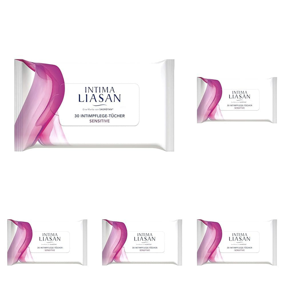 Intima Liasan by Sagrotan Șervețele de îngrijire intimă sensibile, fără săpun și fără alcool, 30 bucăți (pachet cu 5)