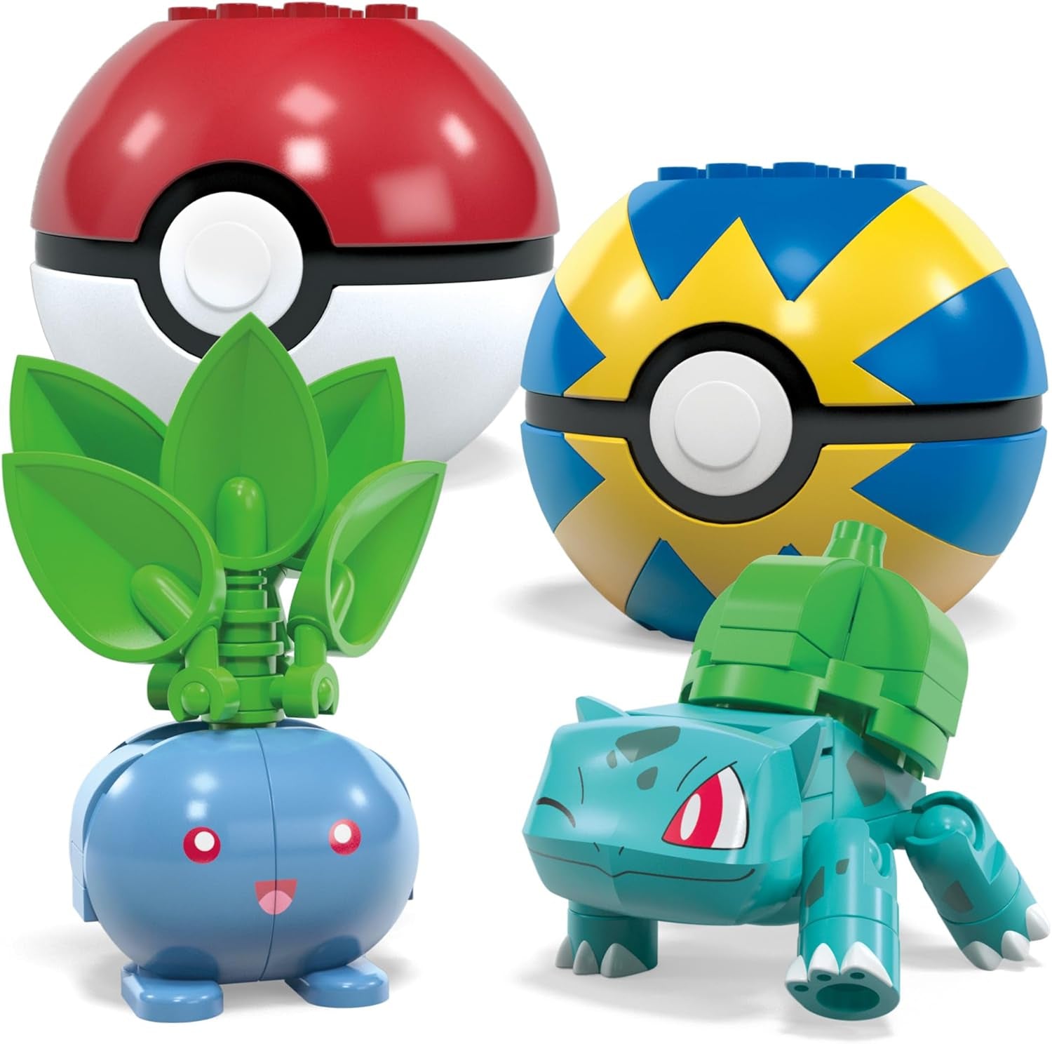 MEGA Pokémon Actionfigur-Bauspielzeug, Pflanze-Typ Trainerteam mit 118 Teilen, bewegliche Bisasam-, Chelast-, Hoppspross- und Myrapla-Figuren, Geschenkidee für Kinder, HWR77