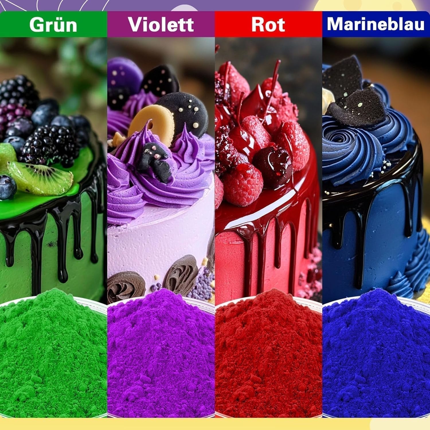 Colorant alimentar pudră - 4 culori colorant alimentar, colorant alimentar concentrat, colorant alimentar roșu verde albastru violet pentru decorarea torturilor, copt, glazură, desert, gătit - 5G