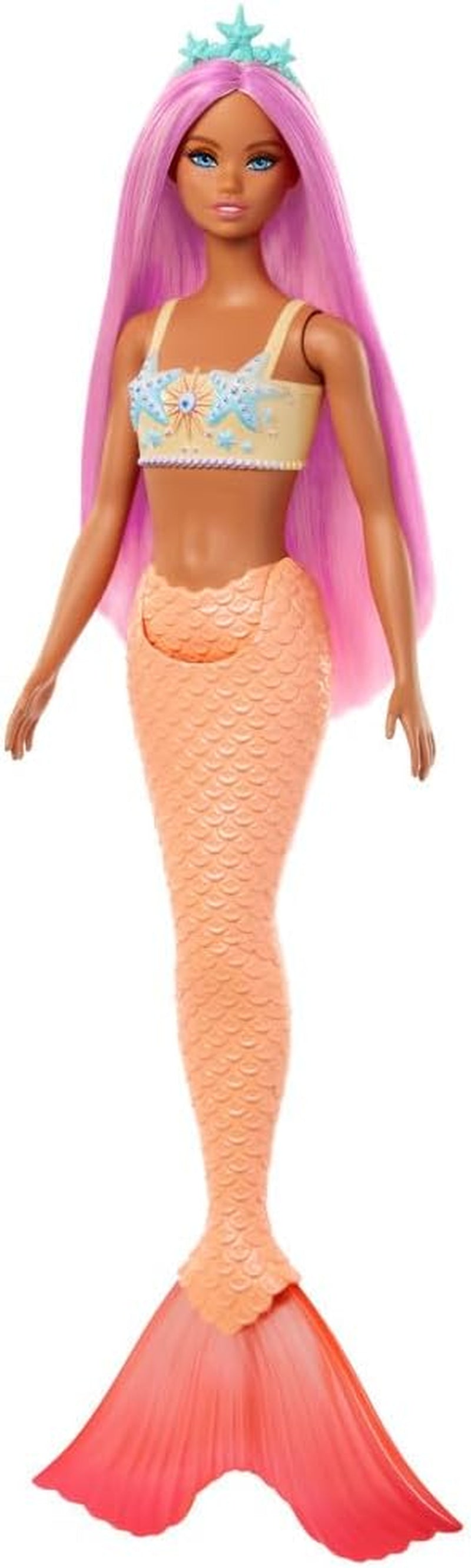 Barbie Meerjungfrau-Puppe mit fantasievollem zweifarbigem Haar in Blau und Gelb, Haarband, Puppe mit Muscheloberteil und türkisfarbener Schwanzflosse, HRR03