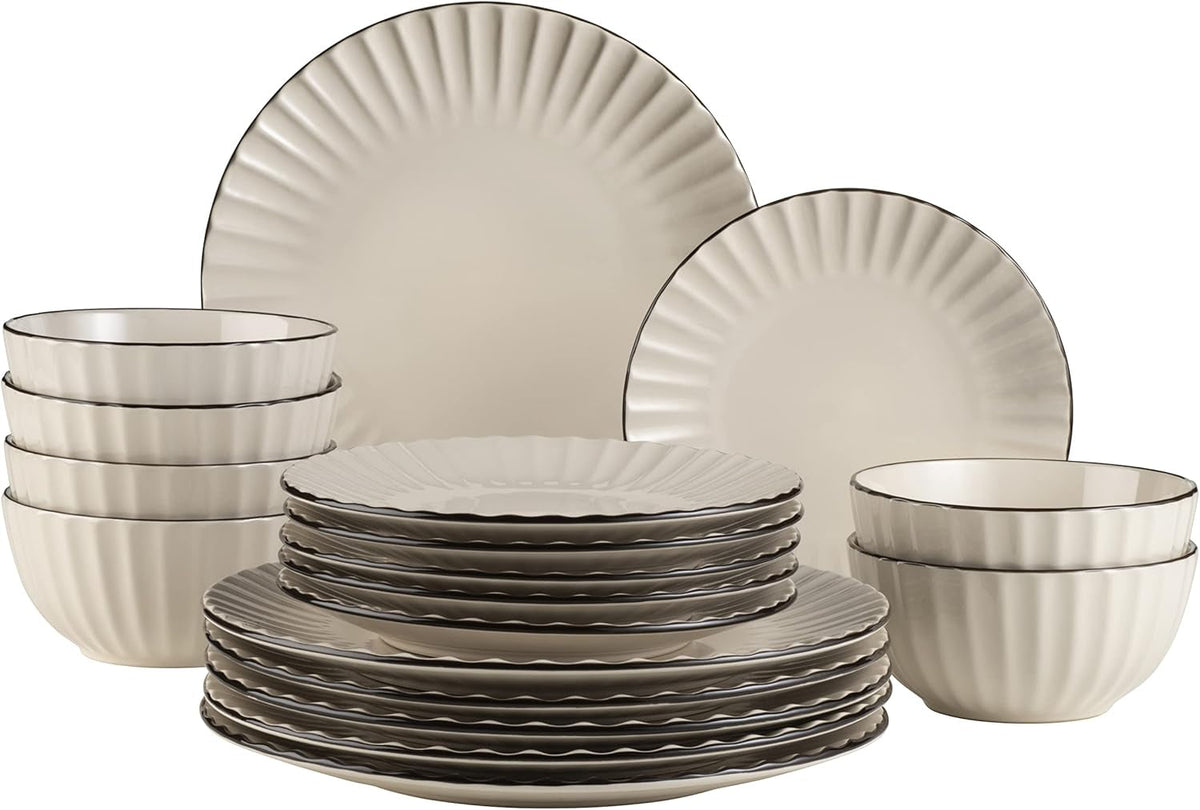 MÄSER 931967 Set de veselă Osita Retro Series pentru 6 persoane în formă de val, set de veselă rotundă cu 18 piese, farfurii de cină, farfurii de desert și boluri pentru cereale, ceramică, alb crem