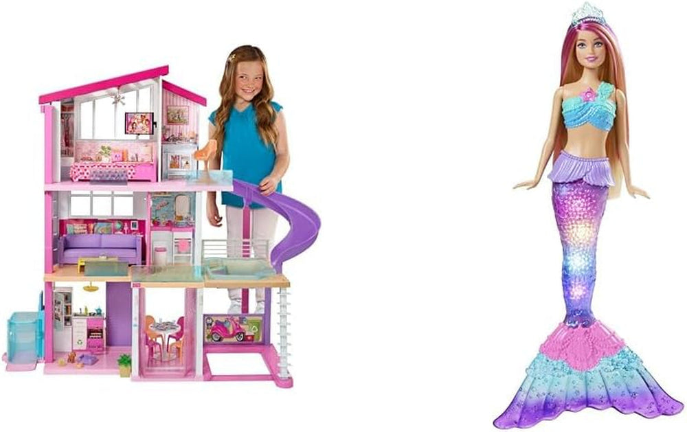 Barbie-Puppenhaus, Traumvilla-Puppe, komplett möbliert, 3 Etagen, 8 Zimmer inklusive Pool, Rutsche und Aufzug, 70 Zubehörteile, Spielzeug für Kinder ab 3 Jahren, GNH53 Naty Shop Dollhouses Mermaid Pack