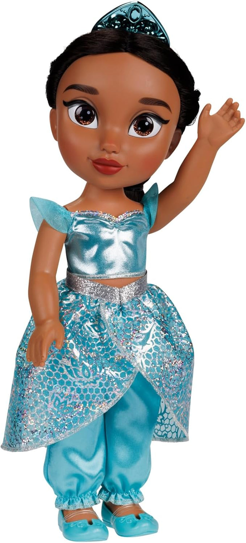 Disney Princess Jasmin Puppe 35cm, reflektierende Glitzeraugen, bewegliche Gelenke, ausziehbares Outfit, Schuhe, Krone, langes geflochtenes Haar, für Mädchen ab 3 Jahren