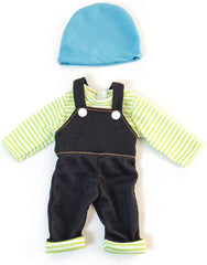 Miniland Set Puppenkleidung 32cm, geringeltes T-Shirt mit Latzhose und Mütze, Übergangszeit