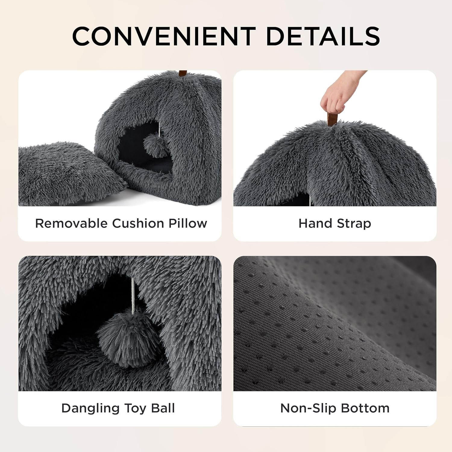 BEDSURE Katzenbett große Katzen Katzenhöhle- 44x44x44 cm Plüsch Katzenhaus Indoor mit abnehmbarem Katzenkissen und hängendem Spielzeug, Katzen Bettchen waschbar, dunkelgrau