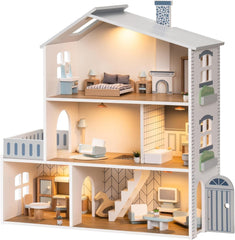 Puppenhaus aus Holz mit Lichtern, 3 Etagen, inklusive Möbeln und Treppen, Spielzeug für Kinder ab 3 Jahren, Naty Shop, moderne Puppenhäuser
