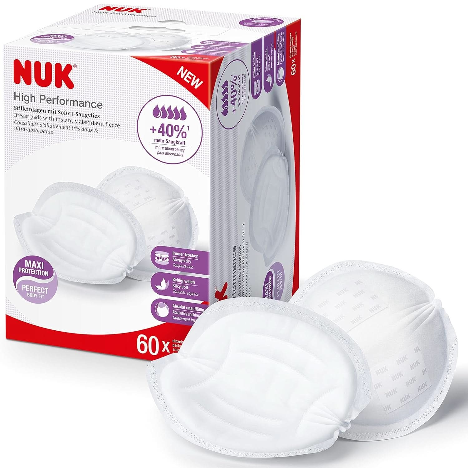 NUK High-Performance Einweg-Stilleinlagen Mit Sofort-Saugvlies | Einlagen Zum Stillen | Einzelverpackung | +40 % mehr Saugkraft | 60 Stück Babynahrung und Stillzubehör Naty Shop 60 Stück High Performance