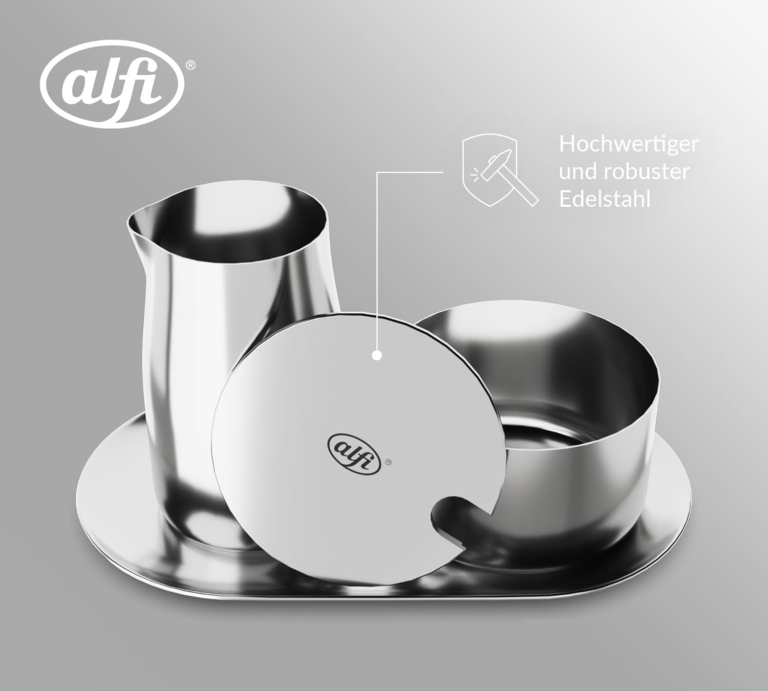 SET LAPTE ȘI ZAHĂR alfi, set lapte și zahăr din oțel inoxidabil lucios, de înaltă calitate, design elegant, lavabil în mașina de spălat vase, durabil