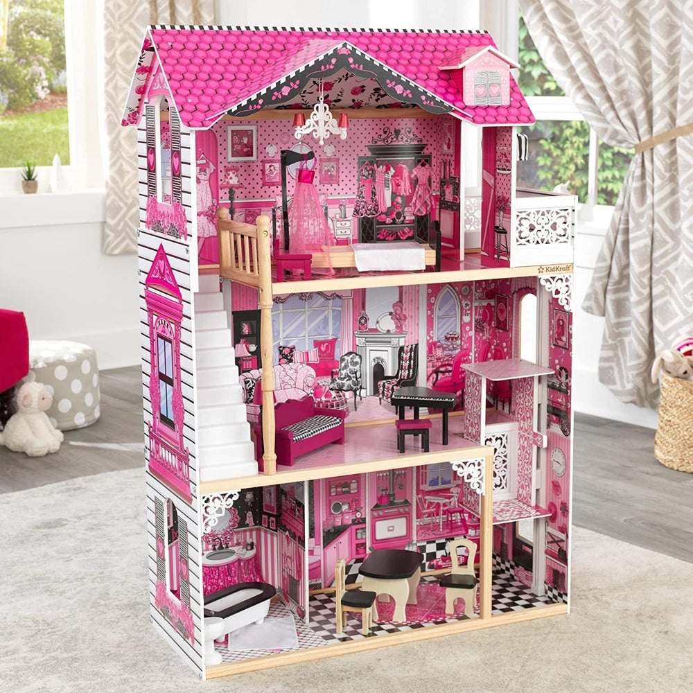 Kidkraft Amelia Puppenhaus aus Holz mit Möbeln und Zubehör, Spielset mit Balkon und Aufzug für 30-cm-Puppen, Spielzeug für 3-Jährige, 65093 Naty Shop Puppenhäuser