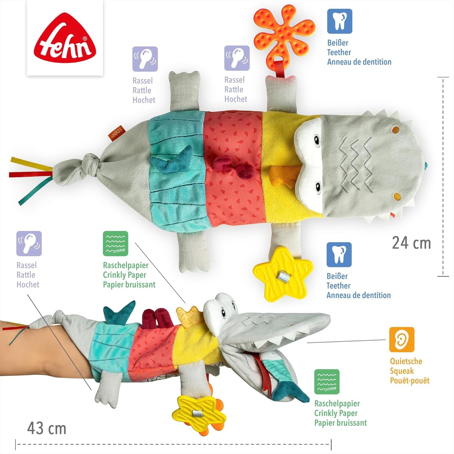 Fehn păpușă de mână pentru bebeluși crocodil - jucărie de pluș cu zornăitor, hârtie care foșnește, teether și squeaker - păpușă de mână pentru bebeluși - jucărie care pocnește pentru bebeluși și copii mici de la 6+ luni Jucarii Bebe Naty Shop