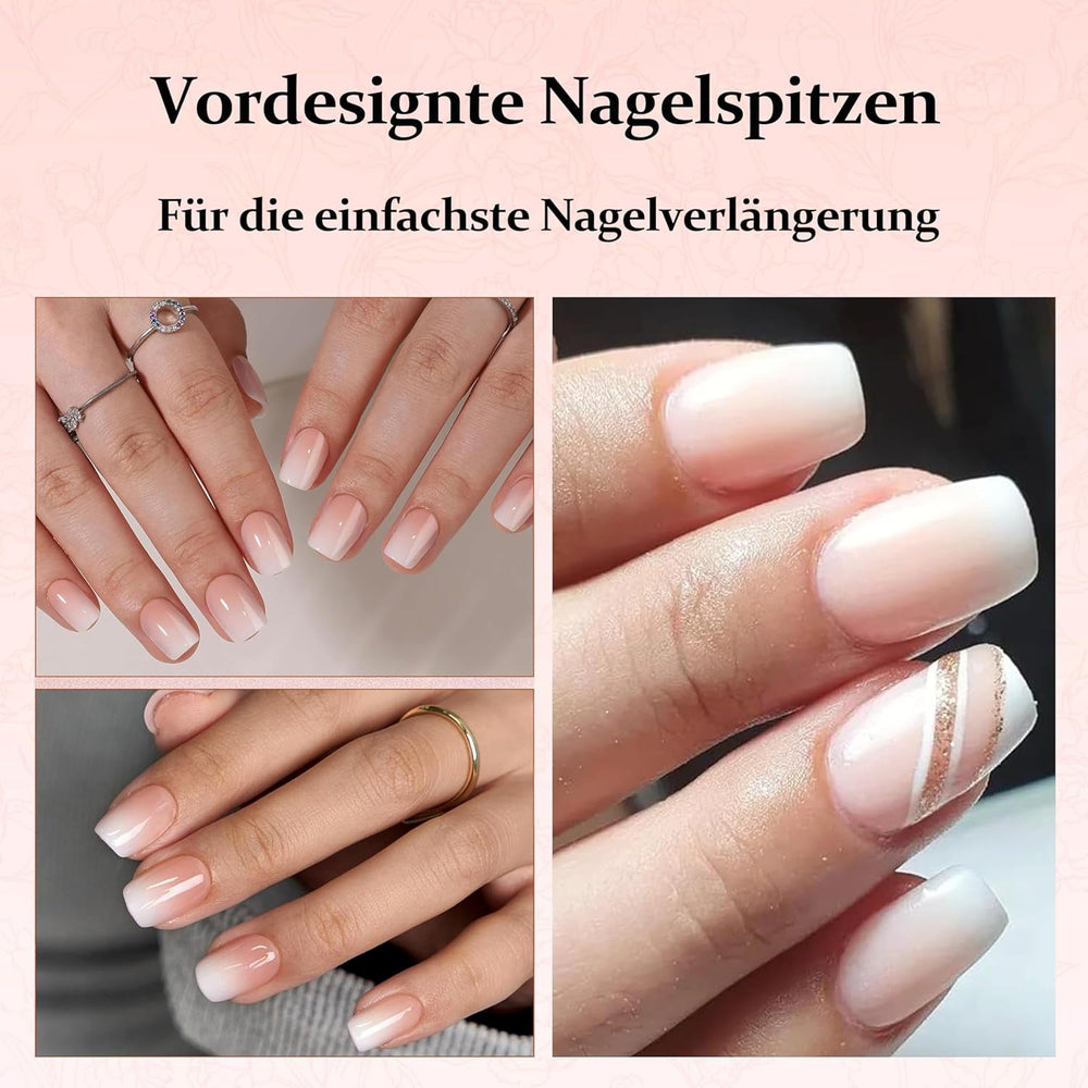Set 240 de bucăți de unghii pătrate cu gradient, unghii artificiale alb nud cu gradient pentru lipire cu stilou cu ulei, unghii false naturale medii ombre pentru femei DIY (Nude Square)