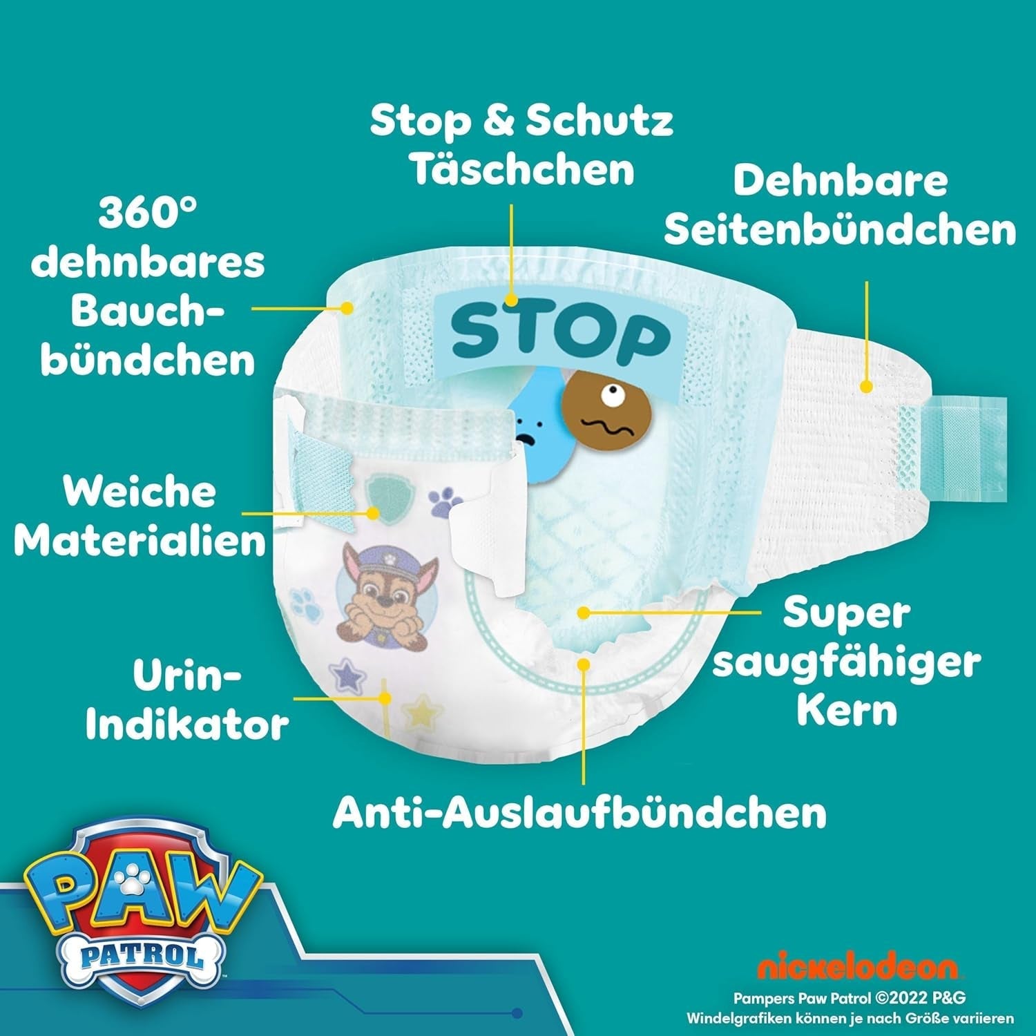Scutece Pampers Baby-Dry Ediția Patrula Cățelușilor, mărimea 6, 164 de scutece, 13 kg - 18 kg, protecție împotriva scurgerilor de până la 100% și confort toată noaptea