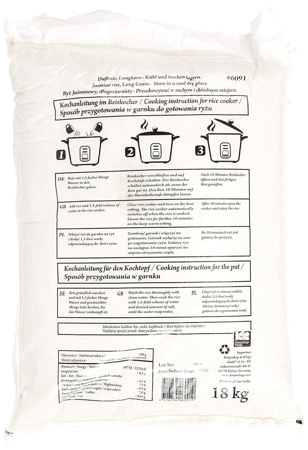 Duftreis/Jasminreis, Langkorn, AAA-Qualität, 1 Packung (1 x 18 kg)