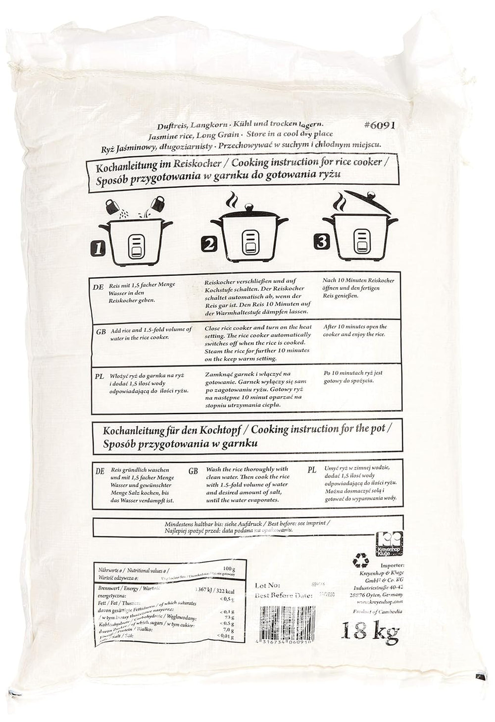 Duftreis/Jasminreis, Langkorn, AAA-Qualität, 1 Packung (1 x 18 kg)