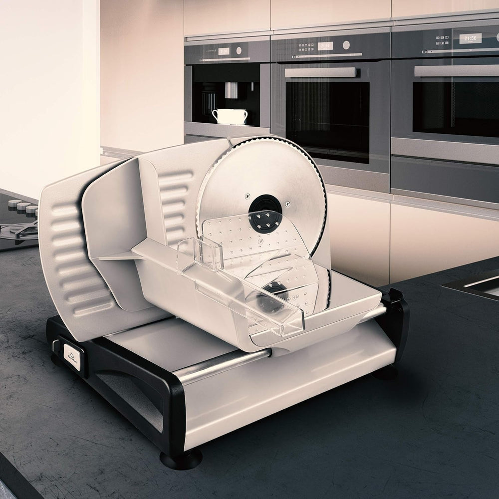 Komm schon! Universeller elektrischer Allesschneider, Edelstahl, 19 cm Edelstahlklinge, Kontrolle der Schnittstärke bis zu 15 mm, 150 W. Aktenvernichter und Aufschnittmaschinen Naty Shop