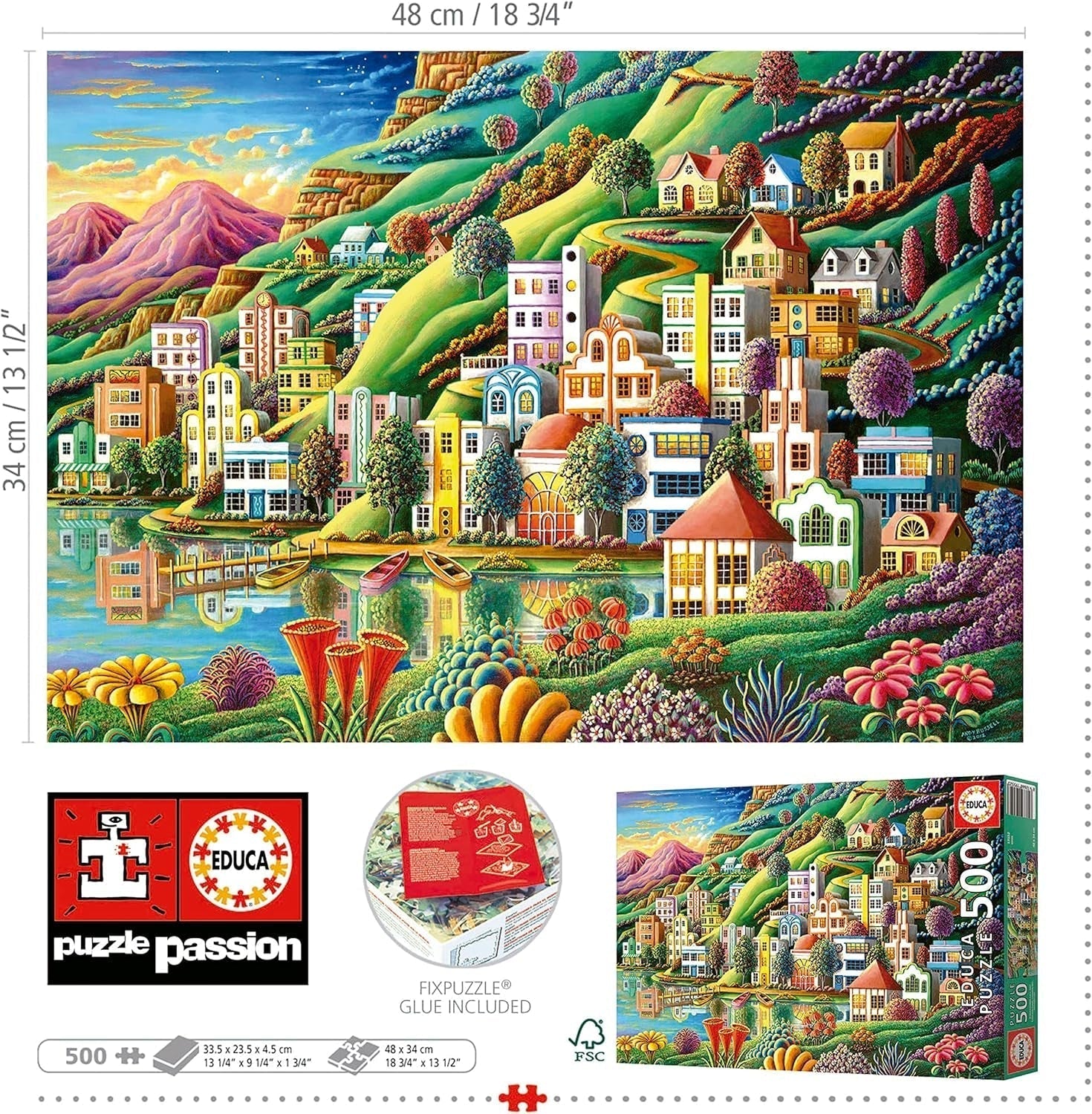 Educa - Puzzle 500 Teile für Erwachsene | Buntes Dorf am See, 500-teiliges Puzzle für Erwachsene und Kinder ab 11 Jahren, Landschaftspuzzle, Illustration (19552) Puzzle Naty Shop