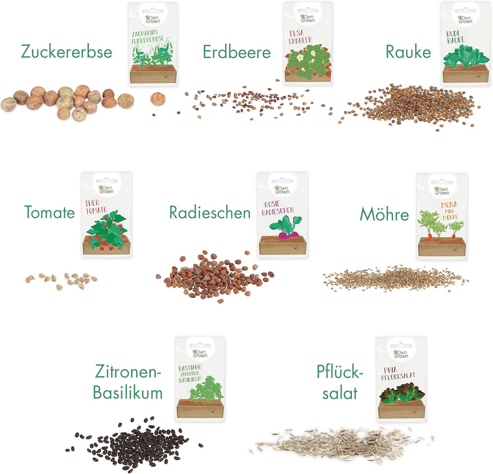 Kit de cultivare a semințelor cu cutie de lemn și 8 varietăți de semințe de plante: Kit de cultivare pentru copii cu semințe de legume, căpșuni și plante aromatice – Kit de început pentru mini seră și mini grădină de la OwnGrown
