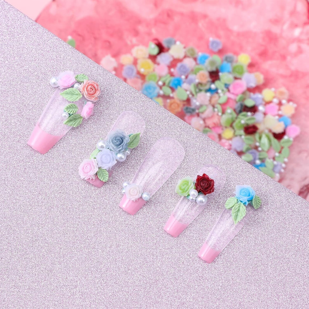 300 Stück Niedlich Blume Nail Charms, 3D Harz Floral Kamelie Rose Nägel Charms Mit Perle, Gemischt Größe Bunte Flower Nägel Deko Für Frauen Nail Art Zubehör