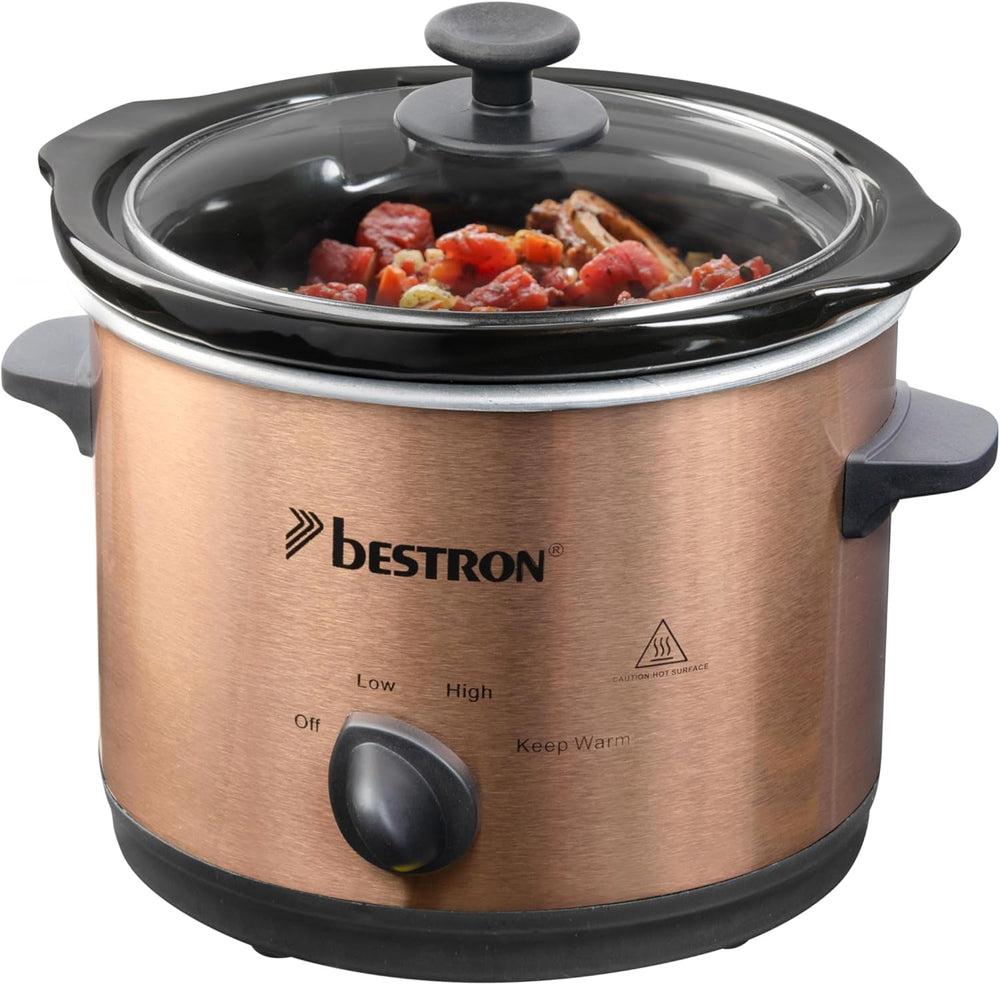 Bestron Slow Cooker mit Keramikpfanne und Glasdeckel, 3-Stufen-Thermostat, ideal für viele Gerichte wie Fleisch, Suppen und Gemüse, 3,5 Liter, Farbe: Silber Slow Cooker Naty Shop Aramiu 2 Personen