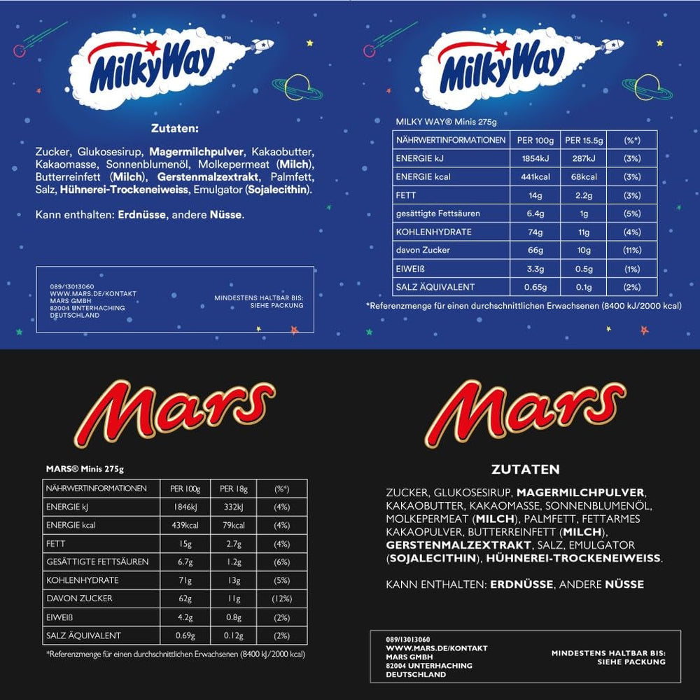 Pachet vrac cu mini ciocolată mixtă, 20 de mini gustări de ciocolată (Mars, Snickers, Bounty, Twix, Milky Way), ca bomboane, cadou de ciocolată, cutie de bomboane, 400g