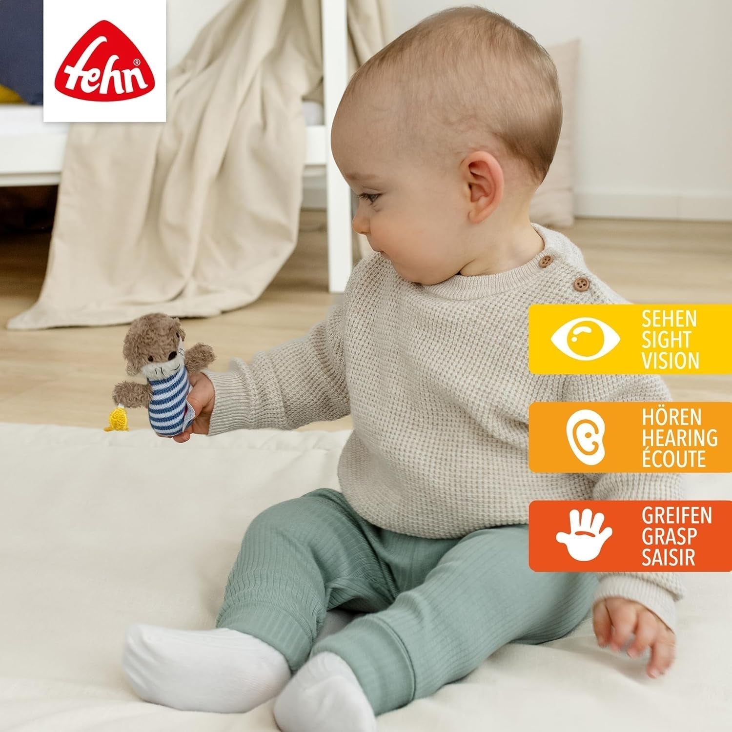 Fehn mini rattle otter - mini jucărie de prins pentru zornăit, pipăit și joacă cu un animal din țesătură moale și drăgălașă - un companion loial pentru bebeluși și copii mici cu vârsta de 0+ luni Jucarii Bebe Naty Shop