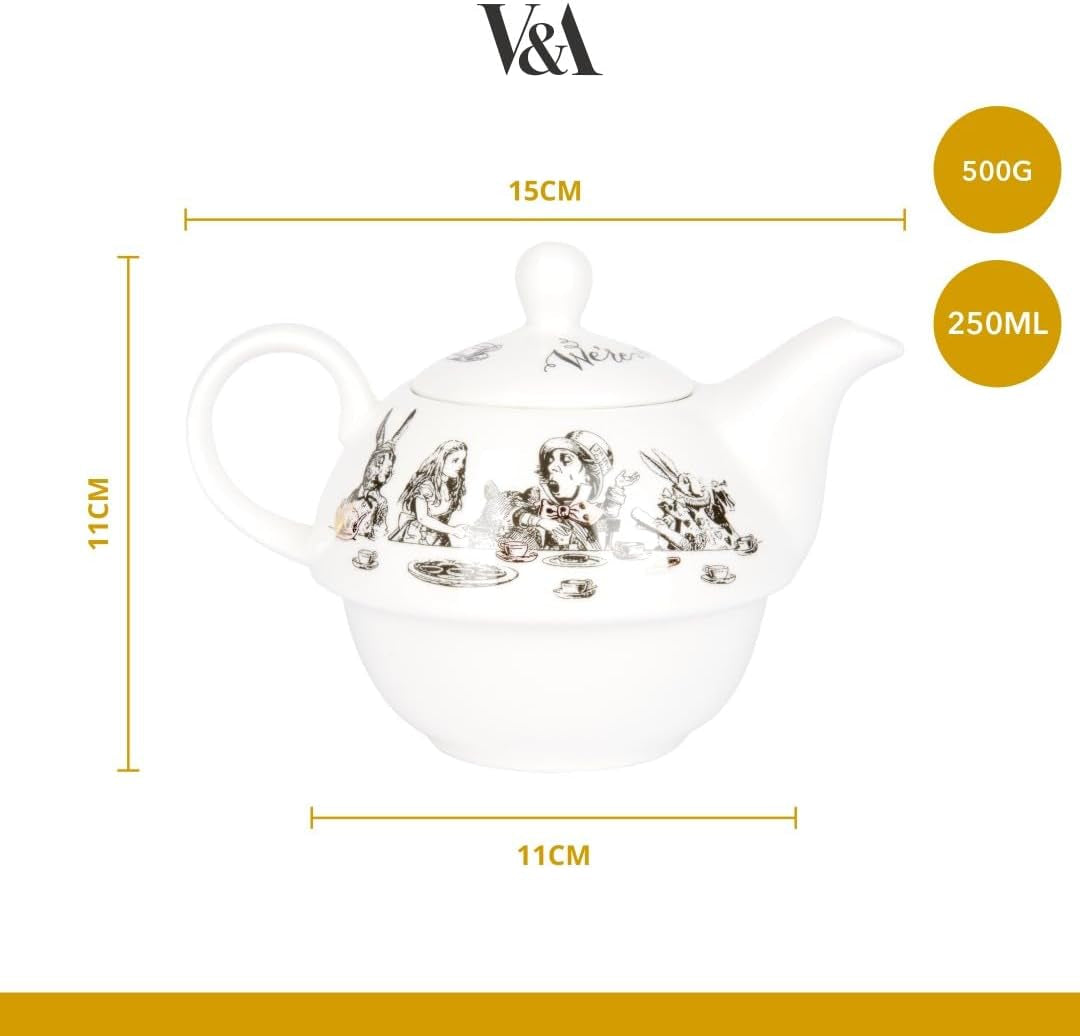 Set ceainic și ceașcă Alice în Țara Minunilor pentru 1 persoană în cutie cadou, serviciu de ceai din porțelan fin, alb, 250 ml