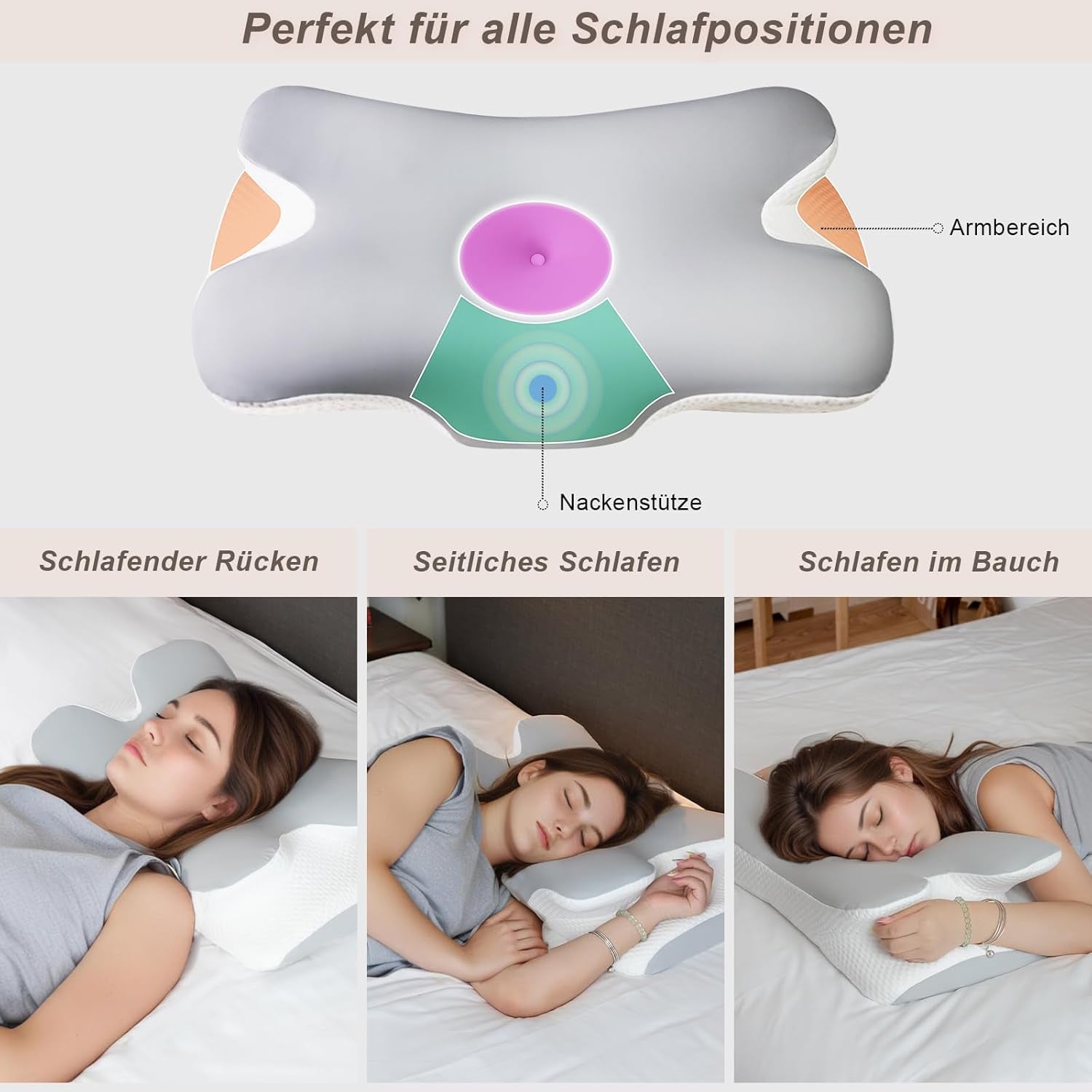 Pernă pentru gât Pernă ortopedică pentru cap Pernă din spumă de memorie Pernă pentru impact lateral - Design ergonomic Cu formă goală Pentru impact lateral, dorsal și abdominal Gri deschis Perne ortopedice cervicale Naty Shop