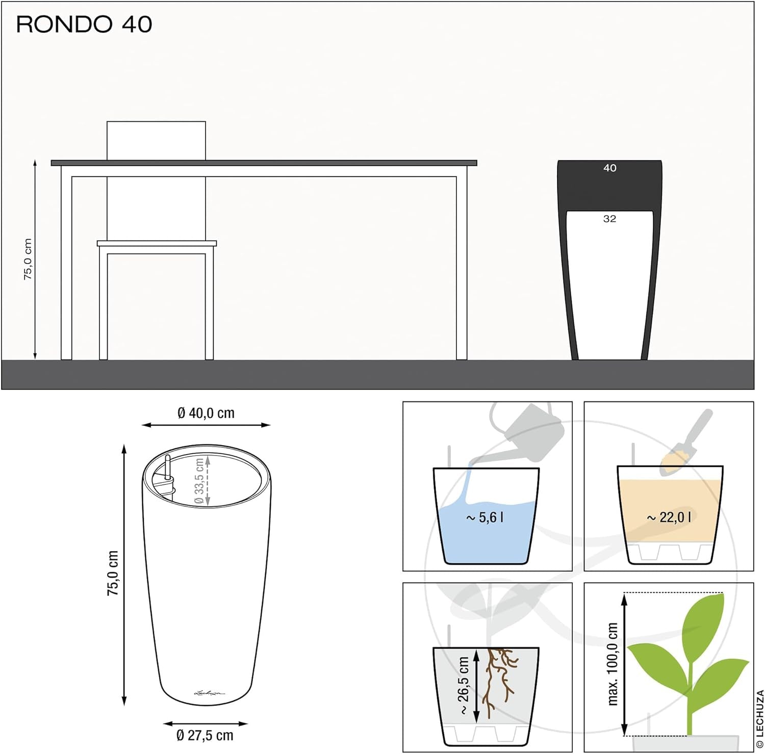 Jardinieră LECHUZA Rondo Premium 32 Alb Mat | Coloană pentru plante cu sistem de udare, indicator al nivelului apei și insert pentru plante | Finisaj mat | Ø 32,5 x 56,5 cm | 15786
