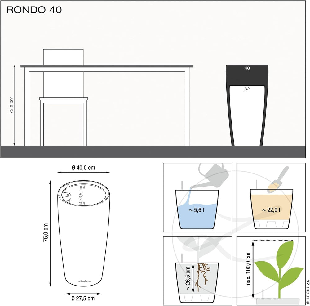 Jardinieră LECHUZA Rondo Premium 32 Alb Mat | Coloană pentru plante cu sistem de udare, indicator al nivelului apei și insert pentru plante | Finisaj mat | Ø 32,5 x 56,5 cm | 15786