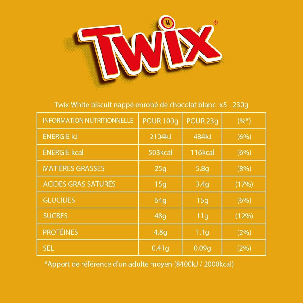 Batoane de ciocolată albă Twix | Caramel, Biscuite, Ciocolată albă | Pachet multiplu de ciocolată | 5 batoane (5 x 46 g) (Pachet de 5)