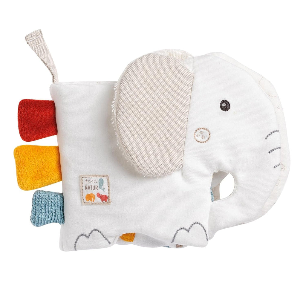 Fehn Soft picture book Bruno - carte moale pentru bebeluși din țesătură cu motive de animale - carte jucărie din țesătură de agățat pentru cărucioare și scaune auto pentru bebeluși - carte cu pocnitori pentru bebeluși și copii de la 0+ luni Jucarii Bebe Naty Shop Elefant natură
