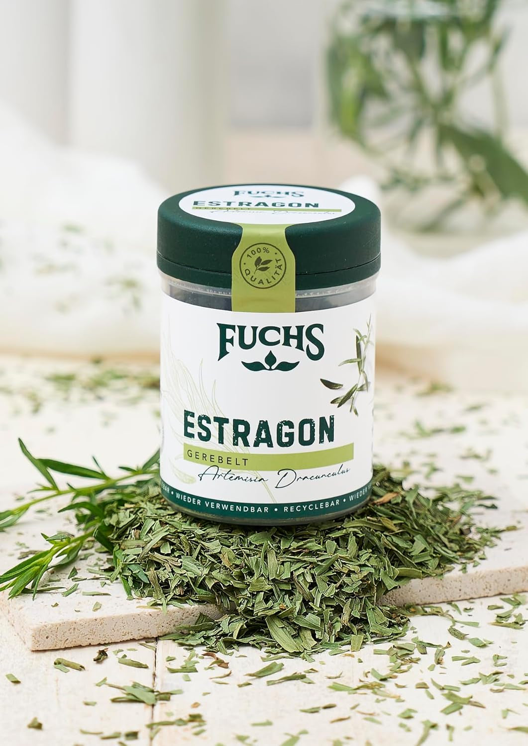 Fuchs Gewürze - Estragon gerebelt - französisches Kraut zur Verfeinerung von Salaten, Sauce Hollandaise oder Rührei - natürliche Zutaten - 10 g in wiederverwendbarer, recyclebarer Dose